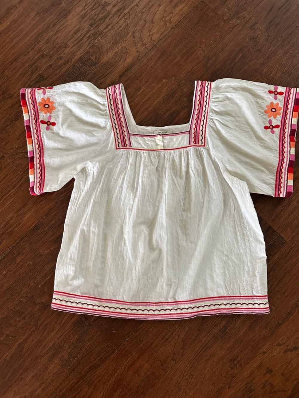 Madewell White Peasant Top with Pink and Orange Embroidery